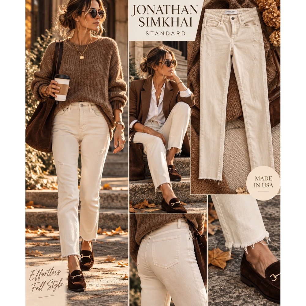 Jonathan Simkhai Standard Jeans 25 Ecru Ivory Raw Hem Distressed Skinny